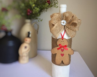 Gingerbread Decor/Gingerbread Man/Winter Wonderland/Christmas Decor/White Christmas/Country Christmas Decor/Wine Bottle/Recycled Bottle