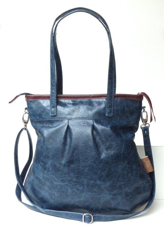 Leather tote bag,blue leather shopper,large leather bag,cross body bag