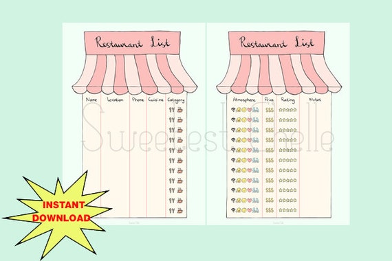 cute printable a5 pages printable restaurant list 2 pages