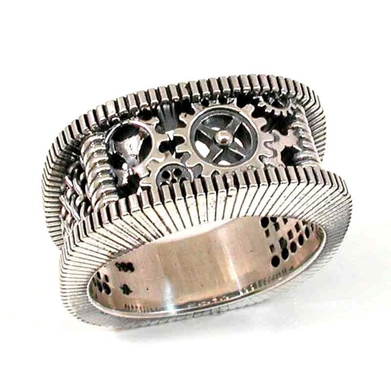 Ready to Ship Size 10 - 10.5 SteamPunk Silver Ring - Gears Grooves and Grates - Mens Steam Punk- Handmade