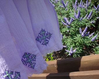 Women's Lavender Shawl/Large Shawl/Cotton Gauze Shawl/Cotton Scarf/Hand-Embroidered Scarf