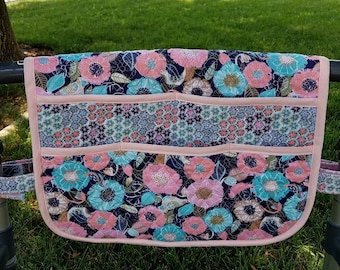 Walker bag caddy, quilted pastel garden, lots of pockets, organizer, purse, rollator, all cotton