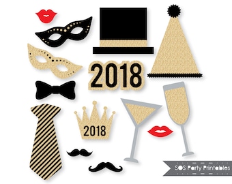 New Years 2018 Photobooth Props, Gold Glitter New Years Eve Party, New Years Printables, New Years Photo booth props, Instant Download