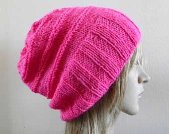Hand knit slouchy hat wide band in hot pink neon bright fuschia fine wool blend handknitted knitted warm soft slouch beanie
