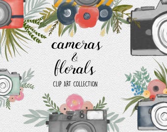 WATERCOLOR CAMERA CLIPART branding kit, commercial use, photography logo art, wedding invitation, bouquets, photo blog design elements
