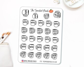 Working Mugs - Work, Girl Boss, Hustle, Cute Hand Drawn Planner Sticker Sheet