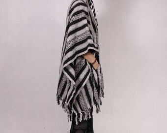 HOODIE PONCHO - Natural Knitted Handloom - Long - Hood - Elf - Shawl - Festival Ponchoo - Cotton Ponchoo - Pixie Ponchoo - Tribal Ponchoo