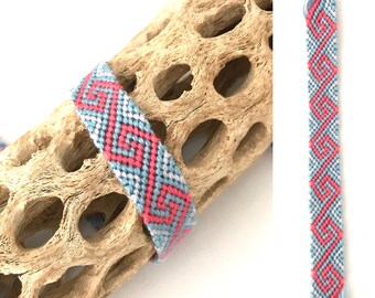 Friendship bracelet - spiral pattern - swirl - embroidery floss - knotted - woven - blue - pink - braided - string - thread - handmade