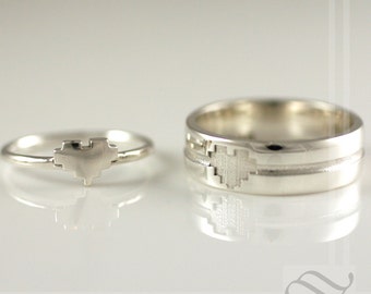 His and Hers Pixelated Heart Ring Set - Sterling Silver -Retro Gamer wedding Rings