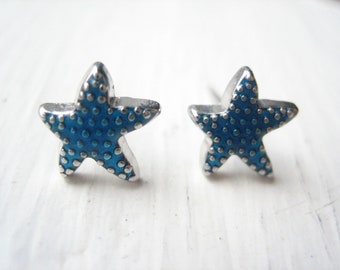 Tiny starfish earrings, starfish stud earrings, blue starfish, blue enamel starfish, ocean animals, starfish posts, sea animal, aquatic