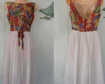 Vintage 50's Party Dress Formal Gown Multi-colored Boat neck Fit and Flare, Floral Paisley Sequin Union Label sz