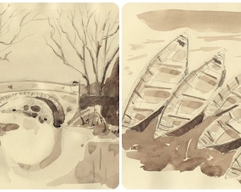 LOT two Sepia original pencil and watercolor paintings paper home decor original ship bridge wall art original sepia wall landscape sepia