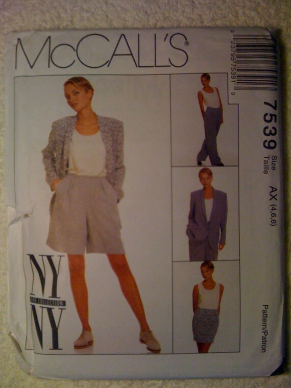 Misses Lined Jacket, Lined Skirt, Lined Pants Or Shorts and Tank Top McCalls Sewing Pattern 7539 90s Size 4-6-8 Uncut