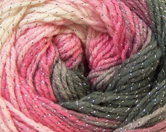 100 gram Magic Glitz #22054 Pink Gray White Silver Metallic Self-Striping DK Yarn 393 Yards