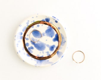 Watercolor Ring Dish, Blue Home Decor, Splatter Pottery, Ceramic Jewelry Dish, Trinket Dish, Gold Ring Holder, Jewelry Storage, Home Gift