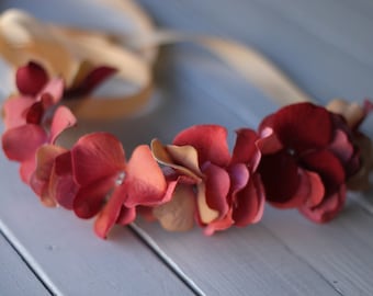 dark coral, orange Floral Headband, Pink Hydrangea Headband