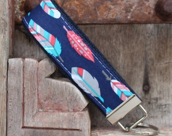 Key Fob/Keychain/Wristlet-Feathers On Navy