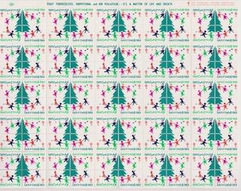 1969 Christmas Seals Issued by American Lung Association, Full sheet of 100 Seals, Christmas Village, Vintage Ephemera