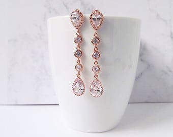 rose gold earrings long, wedding earrings, long earrings, bridal earrings, rose gold drop earrings, rose gold wedding jewelry