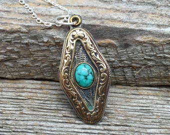 Shadow Box Turquoise Sterling Silver .Brass & Sterling Necklace.Rustic. Necklace. Mixed Metals