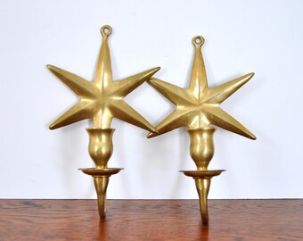 Vintage Brass Star Wall Sconces, Taper Holders, Candle Holders