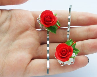 Bobby pin red Rose handmade polymer clay Rose hair clips Red barrette Rose hair accessory Floral Bobby Pin Hair Pin Flower Hair Accessories