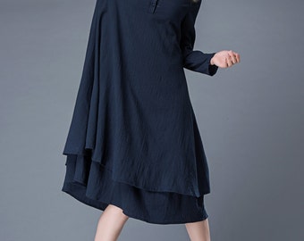 Navy Linen Dress – Navy Blue Linen Midi Summer Dress Long-Sleeved Loose-Fitting With Layered Hemline C846