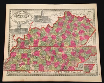 Antique Map of Kentucky and Tennessee, Original Antique Map, Hand Colored Map by Tunison, Extra Large Map for Framing