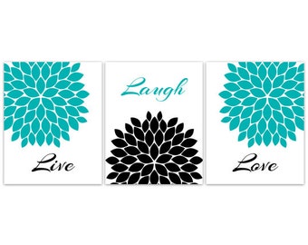 Home Decor Wall Art, Live Laugh Love CANVAS, Turquoise Wall Art, Flower Burst Bathroom Wall Decor, Aqua and Black Bedroom Wall Art - HOME103