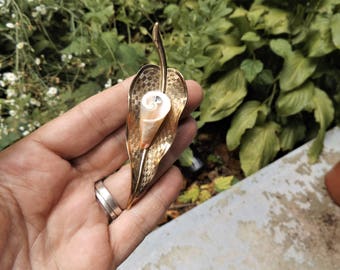 Leaf pod gold tone shell brooch Very unusual