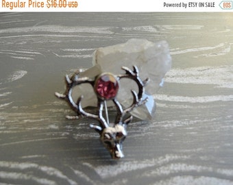 SALE Silver Deer Antler Brooch pin with Pink jewel