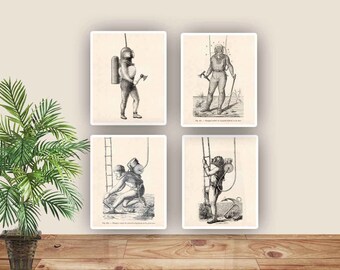 Nautical Old Diver prints, Vintage scuba diving images, Nautical dive art, Coastal Living, gift for divers, Diving school decor,diving clubs