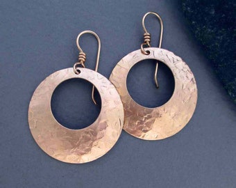 Hammered Bronze Hoop Earrings with 14k Pink Gold Filled Ear Wires Round Dangles: 8th Anniversary, 19th Anniversary, Bronze Anniversary Gift