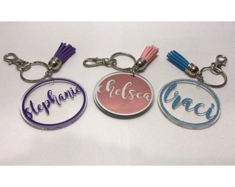 Personalized Circle Acrylic Keychain with tassel / monogram keychain with tassel / bridesmaid gifts / custom keyring / bachelorette party