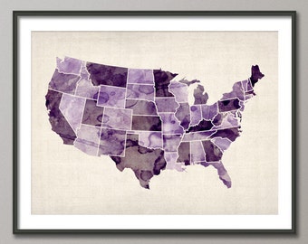 Watercolor United States Map (USA), Art Print (573)