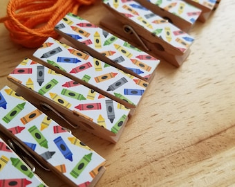 Clips w Twine for Photo Display, Primary Color Crayons, Preschool & Elementary School Teacher Display, Chunky Little Clothespin Set of 12