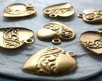 Raw Brass Heart Stampings, Vintage Style Heart Charms, Made in USA ~ STA-186