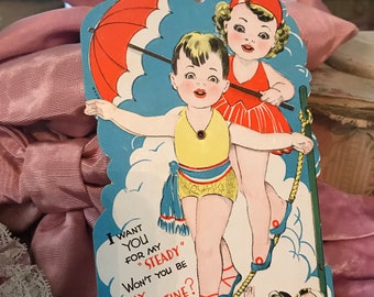 Antique Vintage Valentine Valentines Day Card Mechanical Tightrope Circus Parasol
