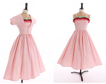 Vintage original 1950s 50s novelty Joan Miller Juniors baby pink dress n matching bolero UK 6 US 2 XS