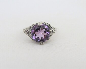 Vintage Sterling Silver Natural Amethyst Filigree Ring Size 8