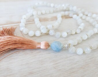 Divine Feminine Moonstone Mala - Beaded Necklace/Tassel Necklace/Mala/Necklace/Moonstone Mala Necklace/Moonstone Mala Beads