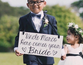 Uncle Here Comes Your Bride Sign, Here Comes the Bride Sign, Ring Bearer Sign, Flower Girl, Wedding Sign with Ribbon, Wood Sign