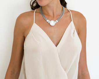 Silver necklace, wrapped stone necklace, leather necklace, statement necklace, gift for her, bridesmaid necklace, any occasion necklace.