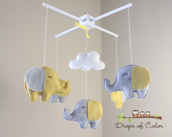 Baby Mobile - Elephant Mobile - Yellow and Gray - Baby Crib Mobile - Nursery Decor (You can Pick your colors)