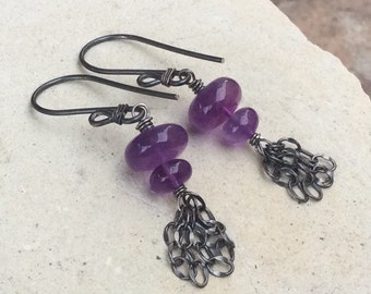 AMETHYST Earrings, purple gemstone tassel earrings, purple jewelry, handmade by AngryHairJewelry