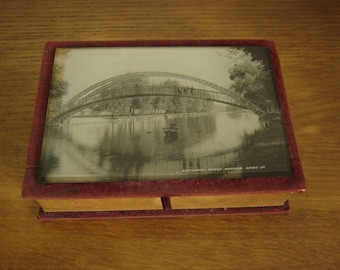 Vintage 1920s postcard topped stationery or trinket box, Bedford Suspension Bridge