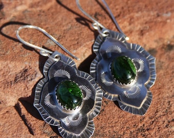 stamped sterling silver earrings with chrome diopside
