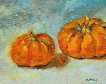 Two Pumpkins, original, oil, canvas, 8 x 10, seasonal art, autumn, country style, Thanksgiving, cute little pumpkins, mini painting