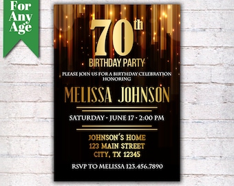 70th Birthday Invitation, Birthday Party Invite, Printable Adult Invitation, Black and Gold, Any Age, Men or Women Party - I016