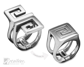 Greek Key Ring. Meander, Meandros, Greek Fret Pattern Ring. Transformable Sterling Silver Hinged Ring - KS495